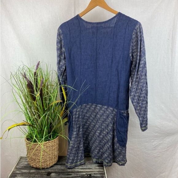 Flax Blue 100% Linen Long Sleeve Two Tone Tunic Top P - Picture 3 of 7